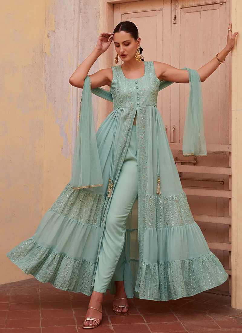 Sky Blue Thread And Sequence Embroidery Slit Style Anarkali Pant Suit
