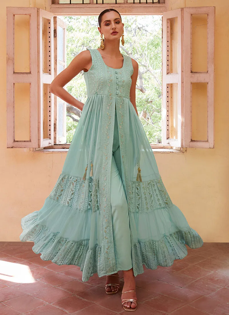 Sky Blue Thread And Sequence Embroidery Slit Style Anarkali Pant Suit