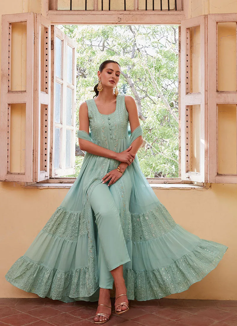 Sky Blue Thread And Sequence Embroidery Slit Style Anarkali Pant Suit