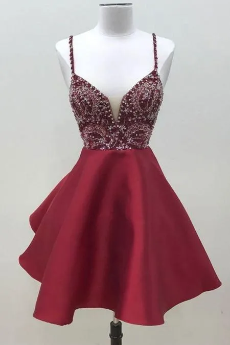 Spaghetti Straps Dark Red Short Prom Dress Homecoming Dress HD0096