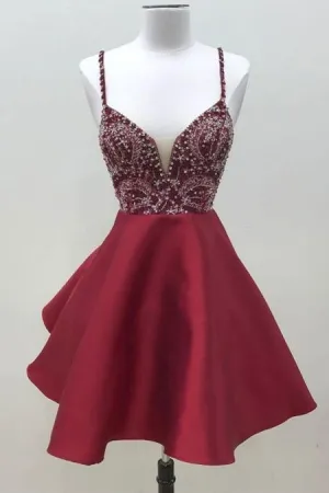 Spaghetti Straps Dark Red Short Prom Dress Homecoming Dress HD0096