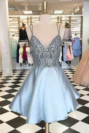 Spaghetti Straps Short Silver Beads A Line Backless Sexy Homecoming Dress OK380