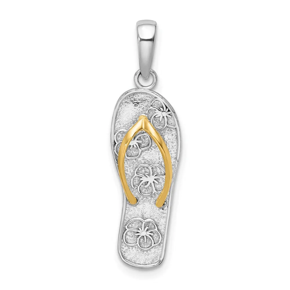 Sterling Silver Polished 3D Floral Flip-flop w/14k Straps Pendant