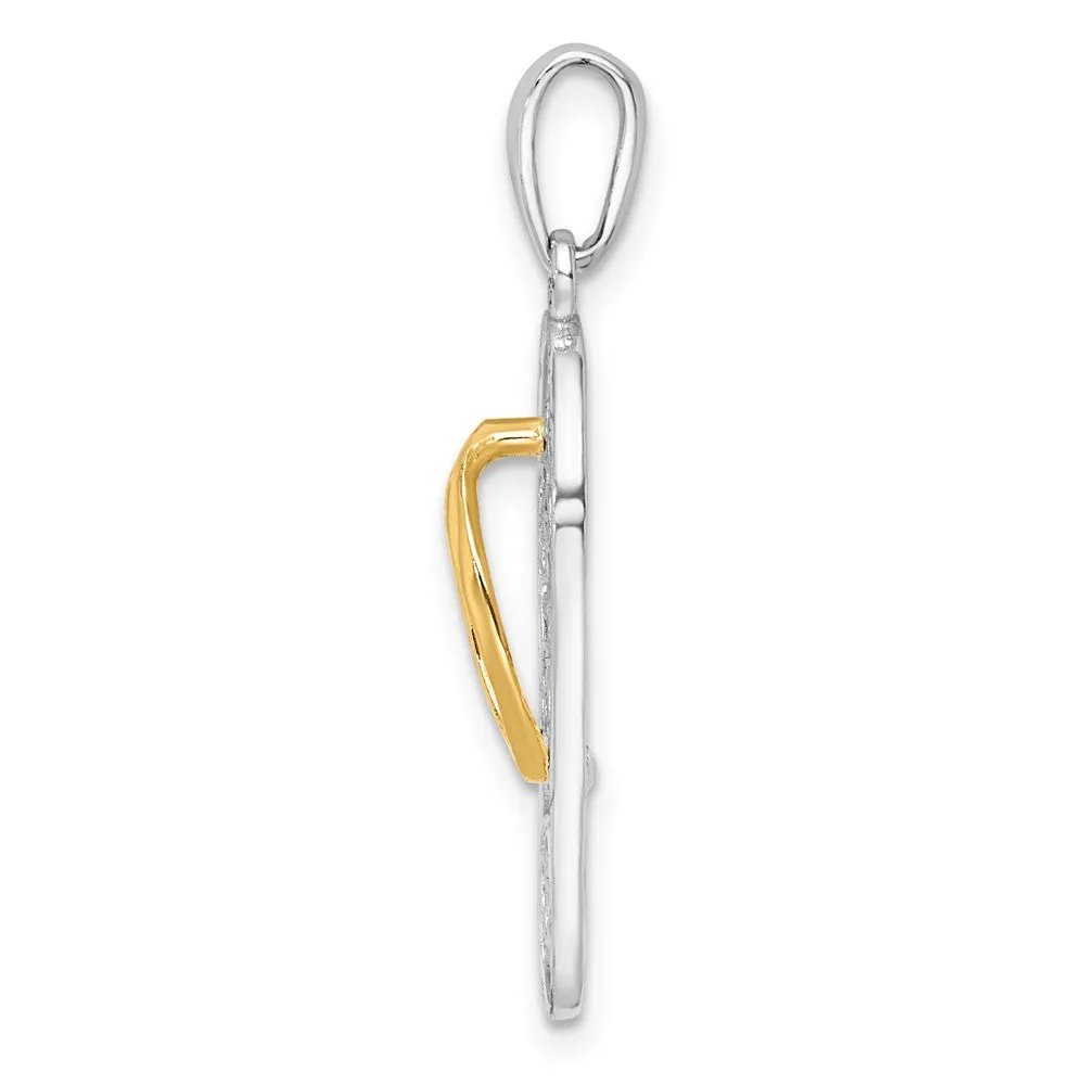 Sterling Silver Polished 3D Floral Flip-flop w/14k Straps Pendant