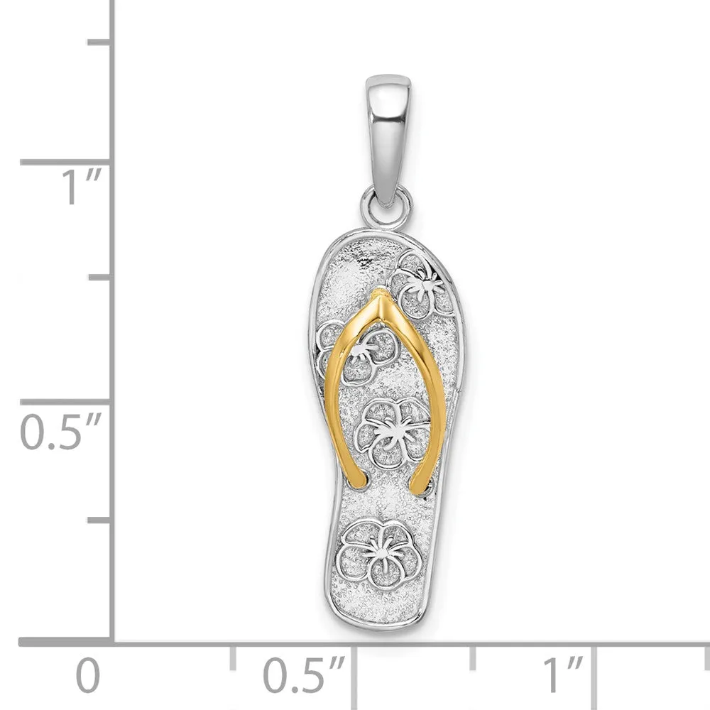 Sterling Silver Polished 3D Floral Flip-flop w/14k Straps Pendant