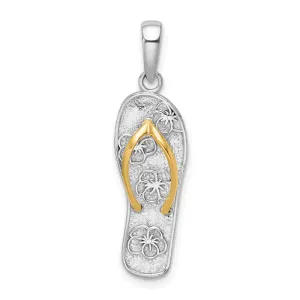 Sterling Silver Polished 3D Floral Flip-flop w/14k Straps Pendant