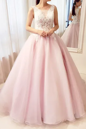 Stunning A Line Pink Tulle See Through Long Sweet Prom Dress Long Lace Top Evening Dress OHC491