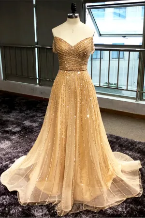 Stunning A Line Sequins Off The Shoulder Long Prom Dresses Evening Dress OHC487
