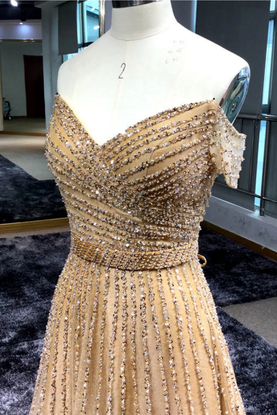 Stunning A Line Sequins Off The Shoulder Long Prom Dresses Evening Dress OHC487