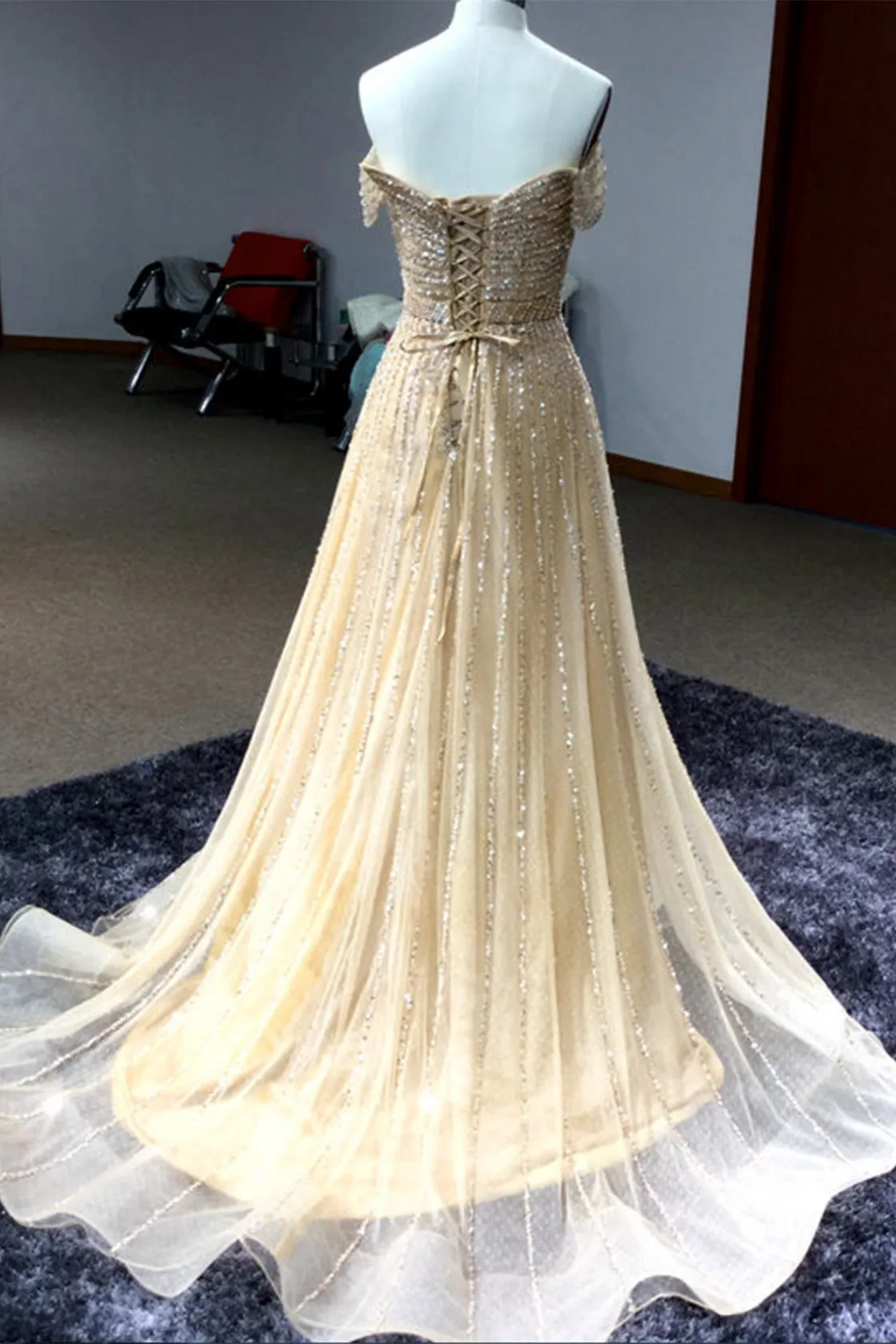 Stunning A Line Sequins Off The Shoulder Long Prom Dresses Evening Dress OHC487