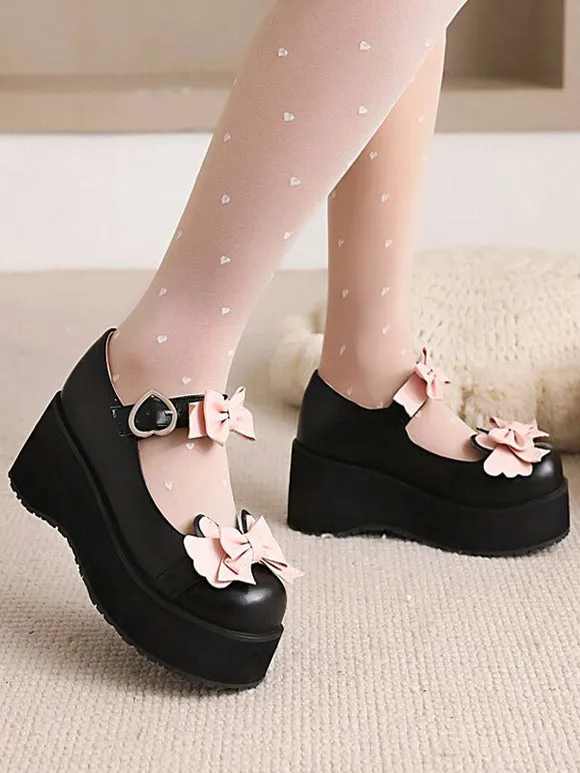 Sweet Lolita Footwear Black Bows Round Toe PU Leather Lolita Shoes
