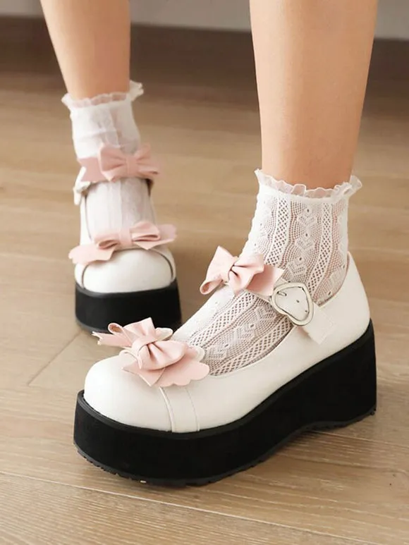 Sweet Lolita Footwear Black Bows Round Toe PU Leather Lolita Shoes