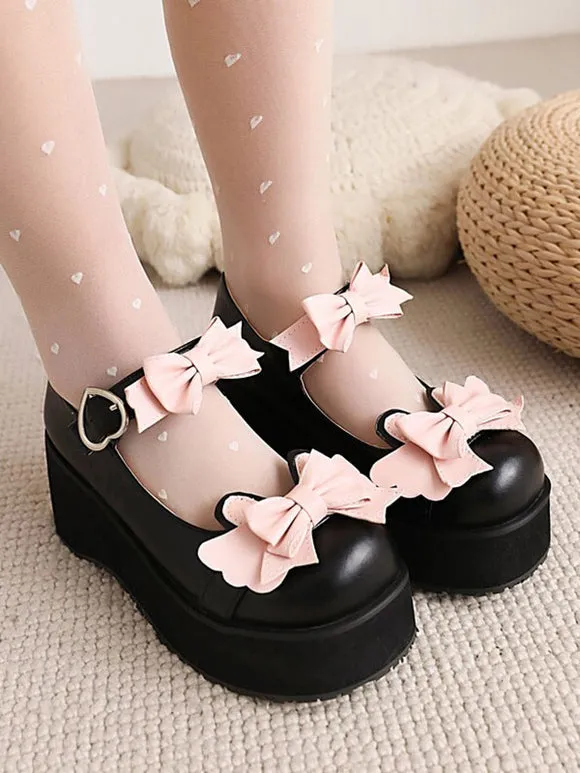 Sweet Lolita Footwear Black Bows Round Toe PU Leather Lolita Shoes