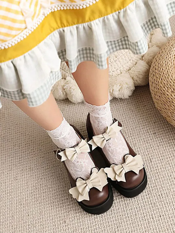 Sweet Lolita Footwear Black Bows Round Toe PU Leather Lolita Shoes