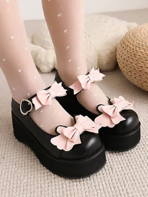 Sweet Lolita Footwear Black Bows Round Toe PU Leather Lolita Shoes