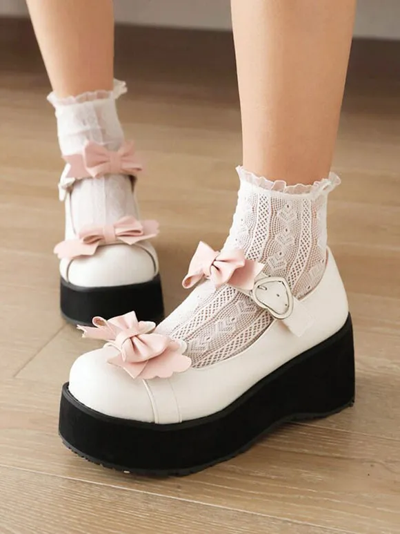 Sweet Lolita Footwear Black Bows Round Toe PU Leather Lolita Shoes