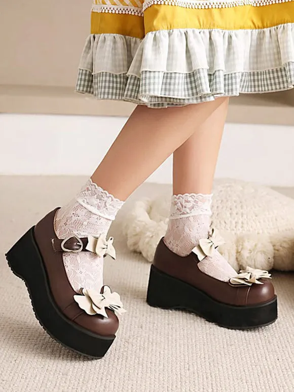 Sweet Lolita Footwear Black Bows Round Toe PU Leather Lolita Shoes