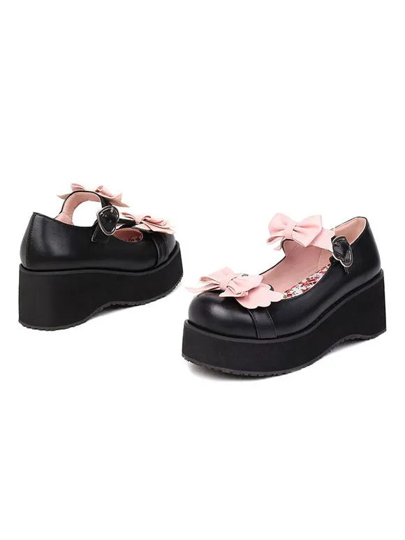 Sweet Lolita Footwear Black Bows Round Toe PU Leather Lolita Shoes