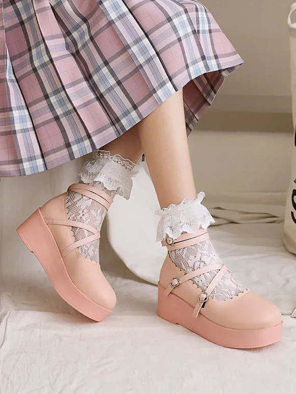 Sweet Lolita Footwear Black PU Leather Wedge Heel Lace Up Lolita Pumps