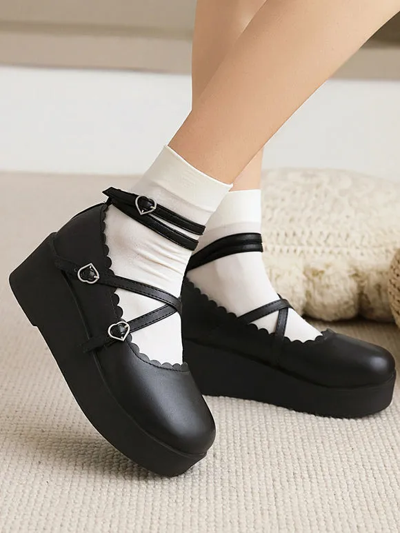 Sweet Lolita Footwear Black PU Leather Wedge Heel Lace Up Lolita Pumps