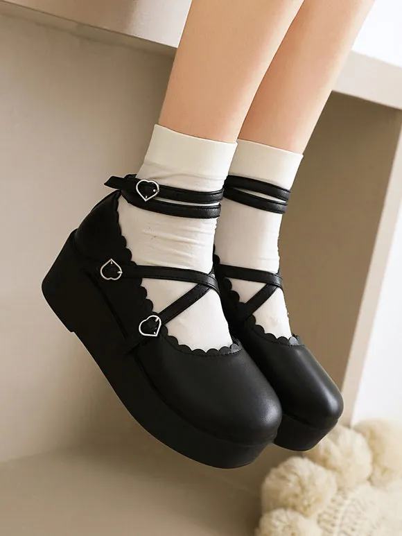 Sweet Lolita Footwear Black PU Leather Wedge Heel Lace Up Lolita Pumps