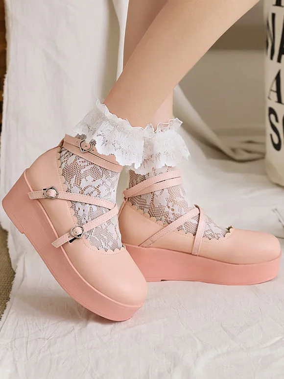 Sweet Lolita Footwear Black PU Leather Wedge Heel Lace Up Lolita Pumps