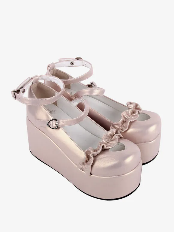 Sweet Lolita Footwear Nude Hearts Pattern Butterfly Round Toe PU Leather Lolita Shoes