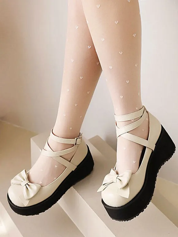 Sweet Lolita Footwear White Bows Bow PU Leather Wedge Heel Lolita Pumps