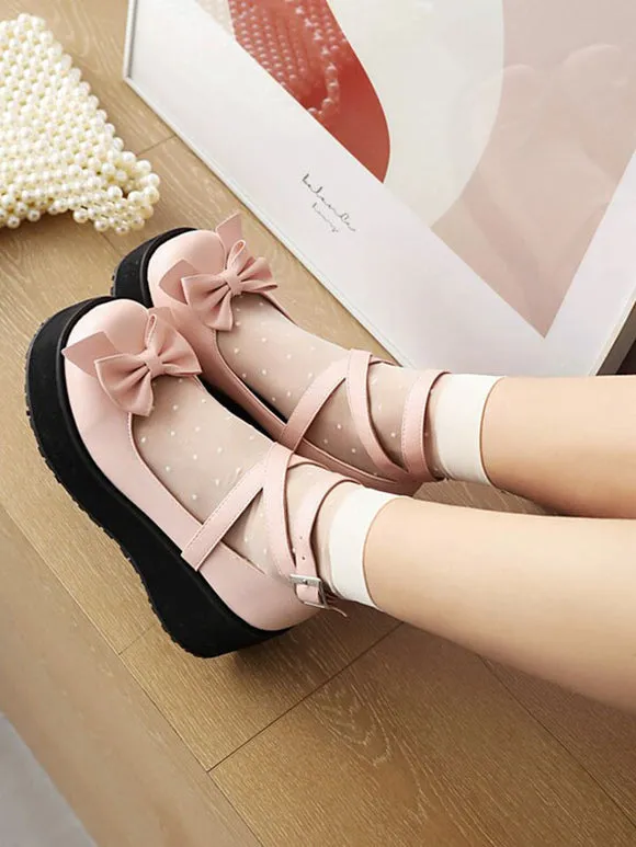 Sweet Lolita Footwear White Bows Bow PU Leather Wedge Heel Lolita Pumps