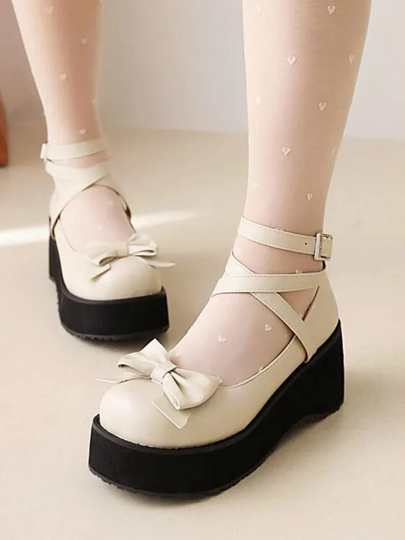 Sweet Lolita Footwear White Bows Bow PU Leather Wedge Heel Lolita Pumps