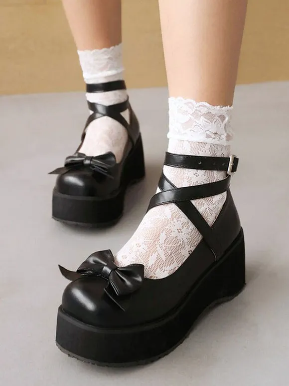 Sweet Lolita Footwear White Bows Bow PU Leather Wedge Heel Lolita Pumps