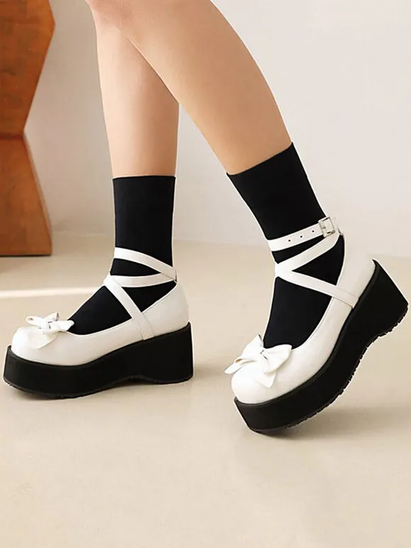 Sweet Lolita Footwear White Bows Bow PU Leather Wedge Heel Lolita Pumps