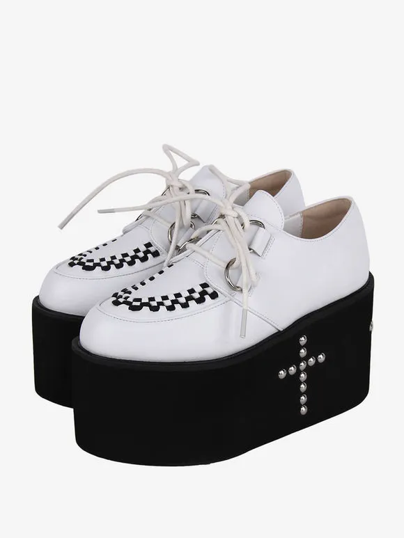 Sweet Lolita Footwear White Metallic Rivets Round Toe PU Leather Lolita Shoes