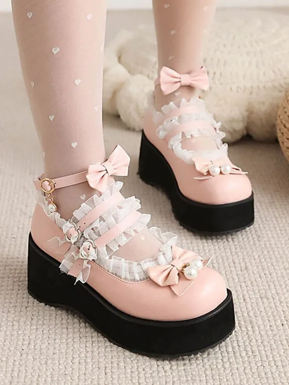 Sweet Lolita Footwear White Pearls Bows PU Leather Wedge Heel Lolita Pumps