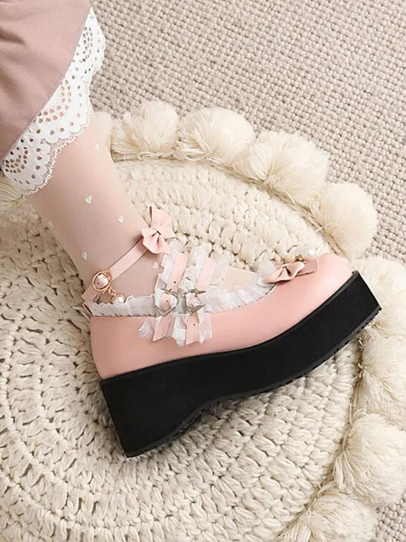 Sweet Lolita Footwear White Pearls Bows PU Leather Wedge Heel Lolita Pumps
