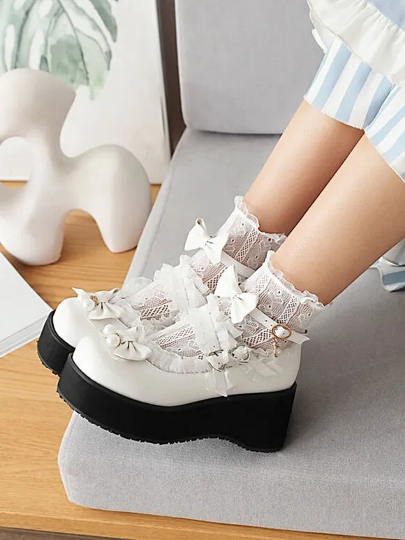 Sweet Lolita Footwear White Pearls Bows PU Leather Wedge Heel Lolita Pumps