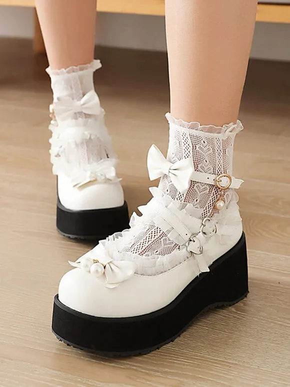 Sweet Lolita Footwear White Pearls Bows PU Leather Wedge Heel Lolita Pumps