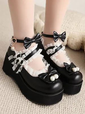 Sweet Lolita Footwear White Pearls Bows PU Leather Wedge Heel Lolita Pumps