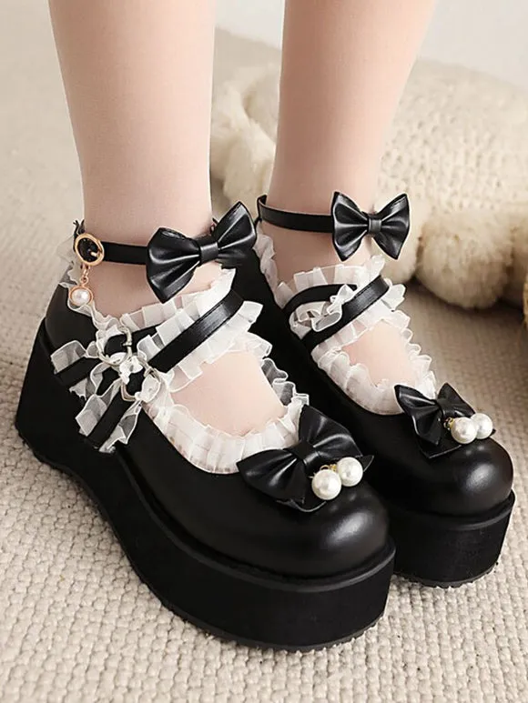 Sweet Lolita Footwear White Pearls Bows PU Leather Wedge Heel Lolita Pumps