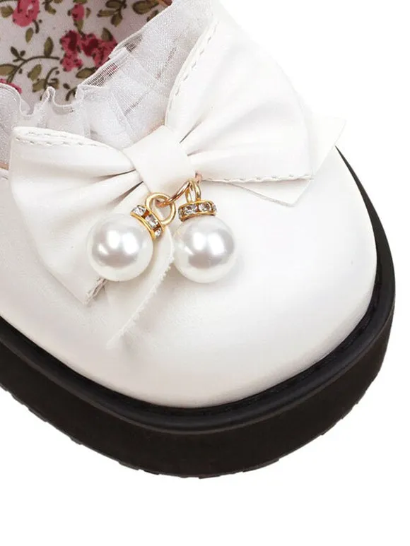 Sweet Lolita Footwear White Pearls Bows PU Leather Wedge Heel Lolita Pumps