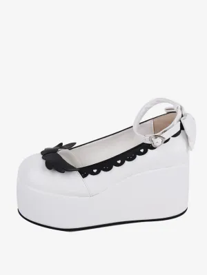 Sweet Lolita Footwear White Two-Tone Butterfly Round Toe PU Leather Lolita Pumps