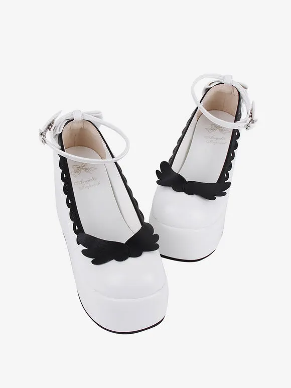 Sweet Lolita Footwear White Two-Tone Butterfly Round Toe PU Leather Lolita Pumps