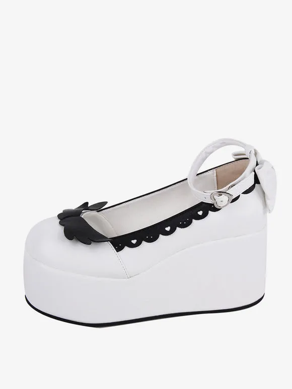 Sweet Lolita Footwear White Two-Tone Butterfly Round Toe PU Leather Lolita Pumps