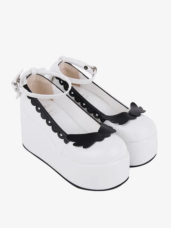 Sweet Lolita Footwear White Two-Tone Butterfly Round Toe PU Leather Lolita Pumps