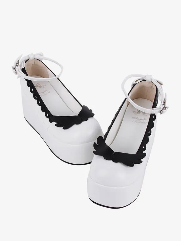 Sweet Lolita Footwear White Two-Tone Butterfly Round Toe PU Leather Lolita Pumps