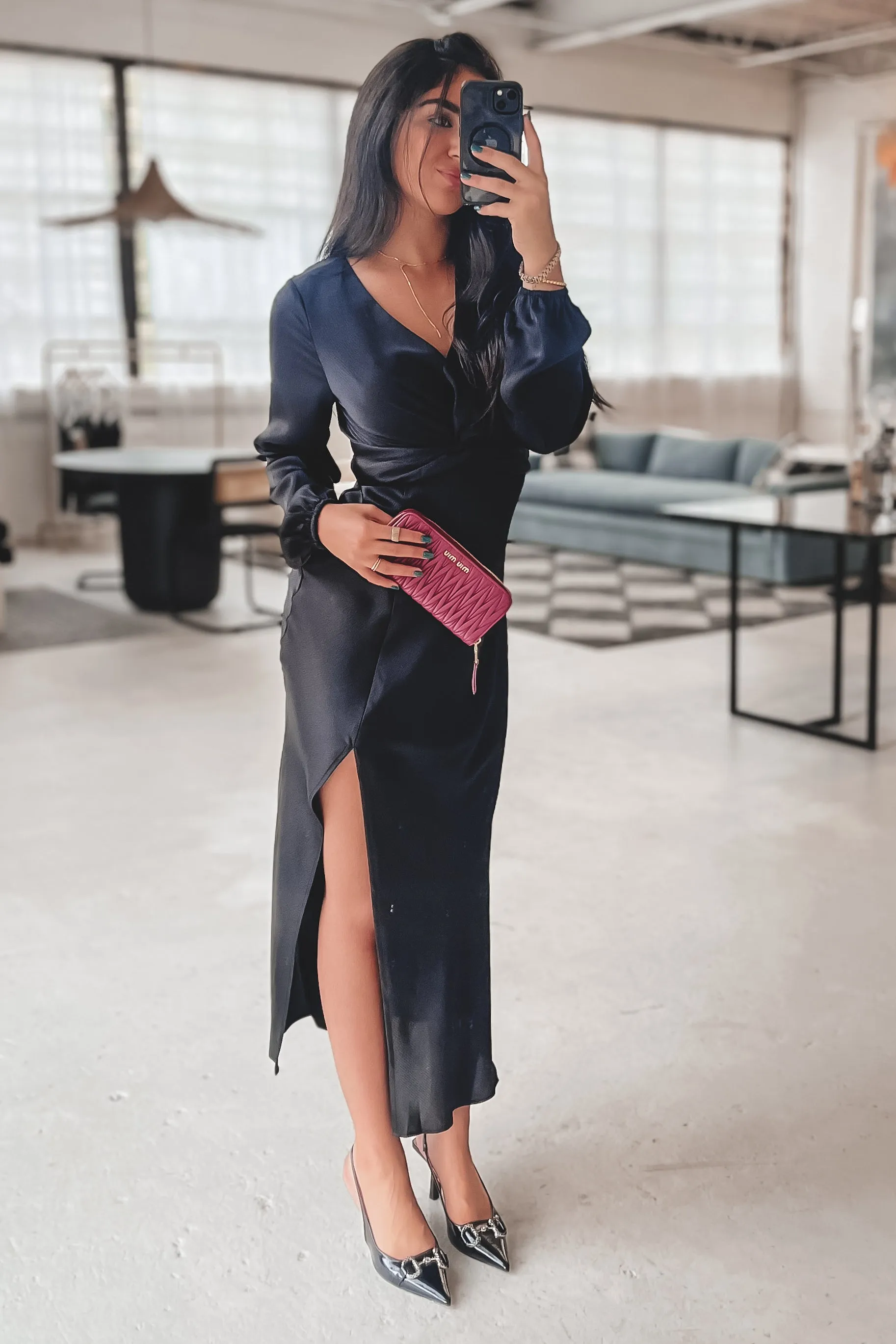 The Occasion Is Special Black Satin Long Sleeve Dress