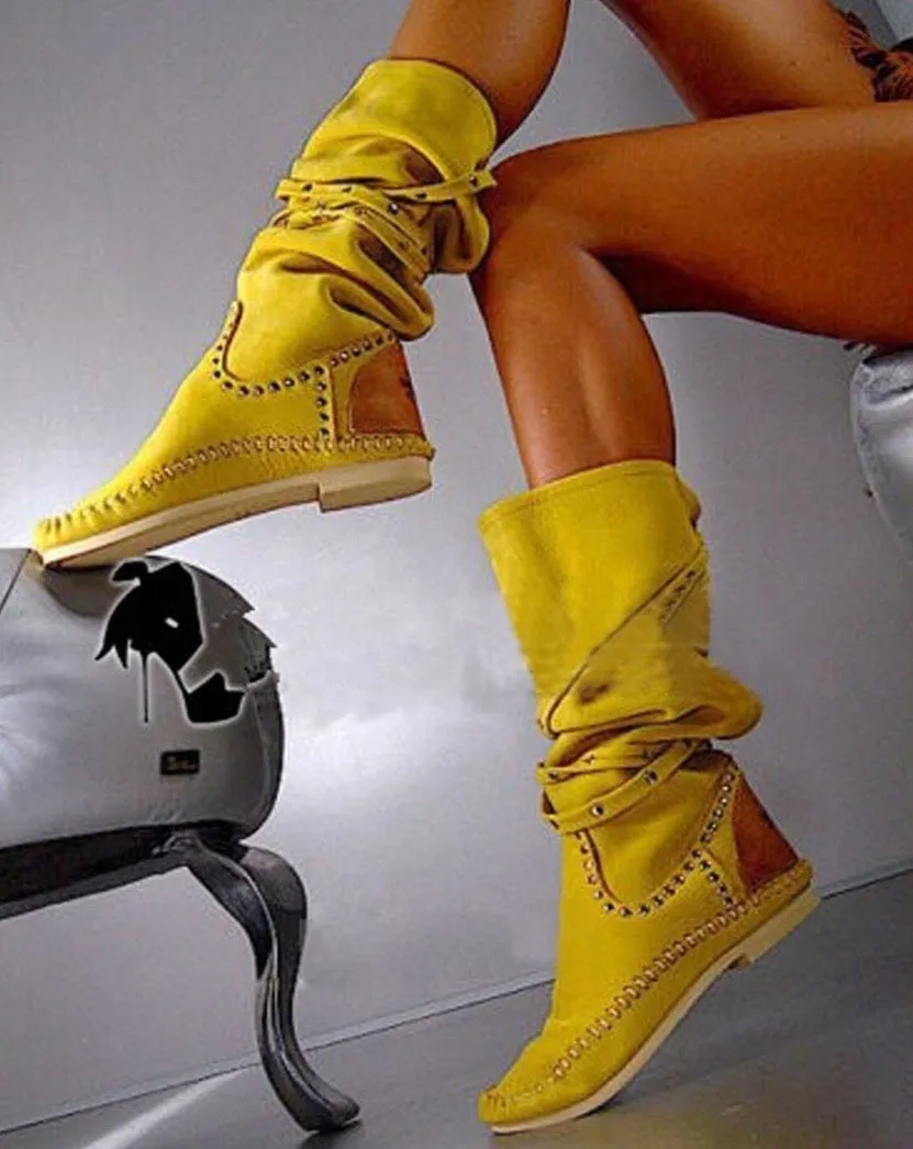 Top Fashion Rivets Studded Knee High Suede Leather Winter Boots Round Toe Flat Heel Woman Shoes High Quality Hottest Boots