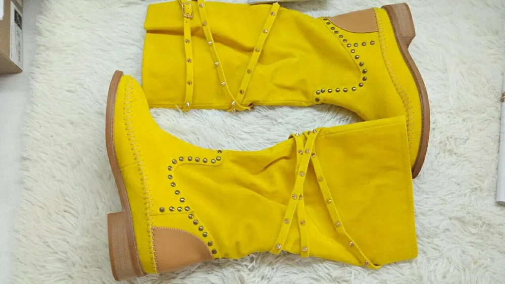 Top Fashion Rivets Studded Knee High Suede Leather Winter Boots Round Toe Flat Heel Woman Shoes High Quality Hottest Boots