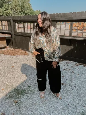 Turquoise Print Western Satin Shirt