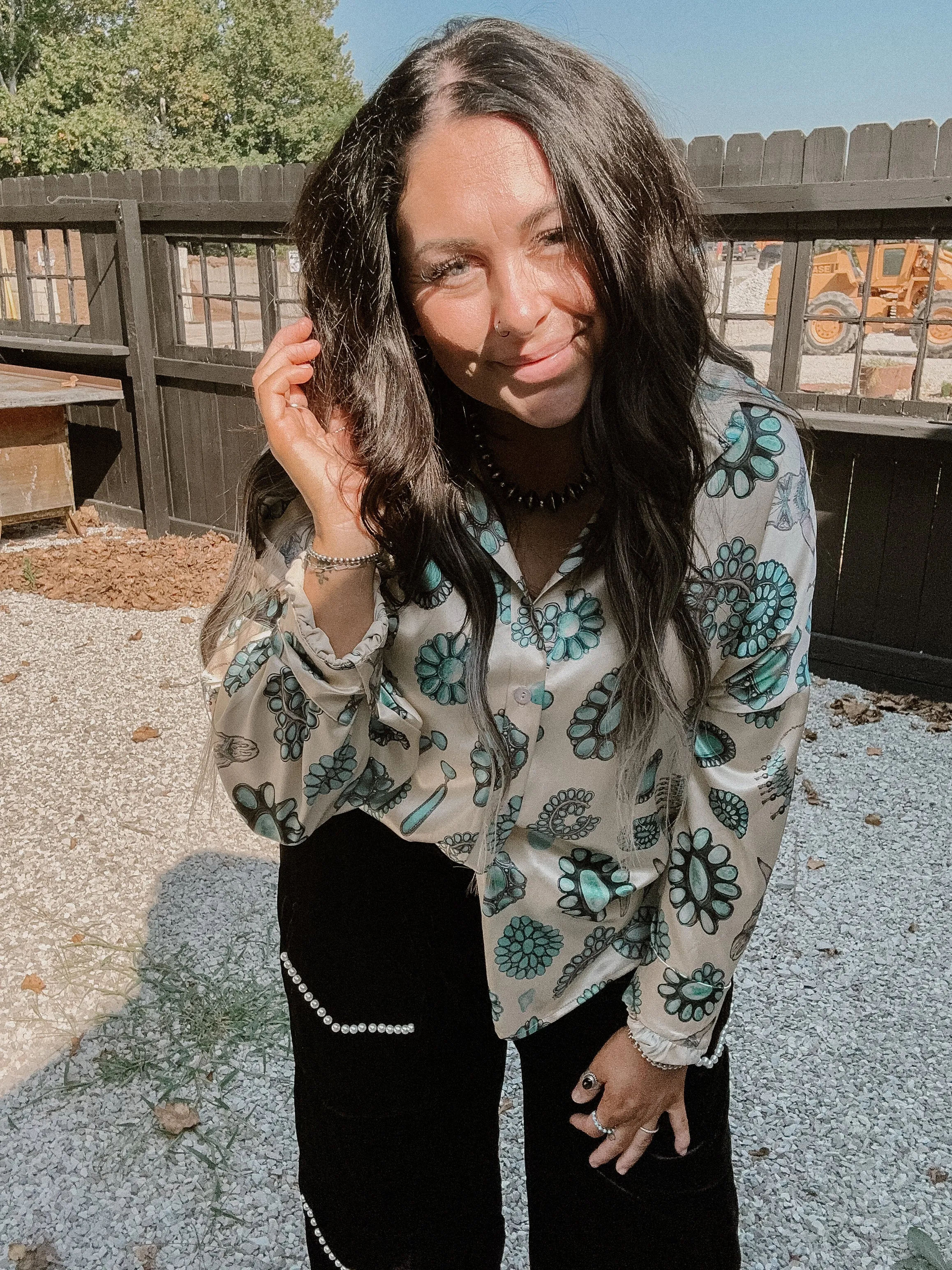 Turquoise Print Western Satin Shirt
